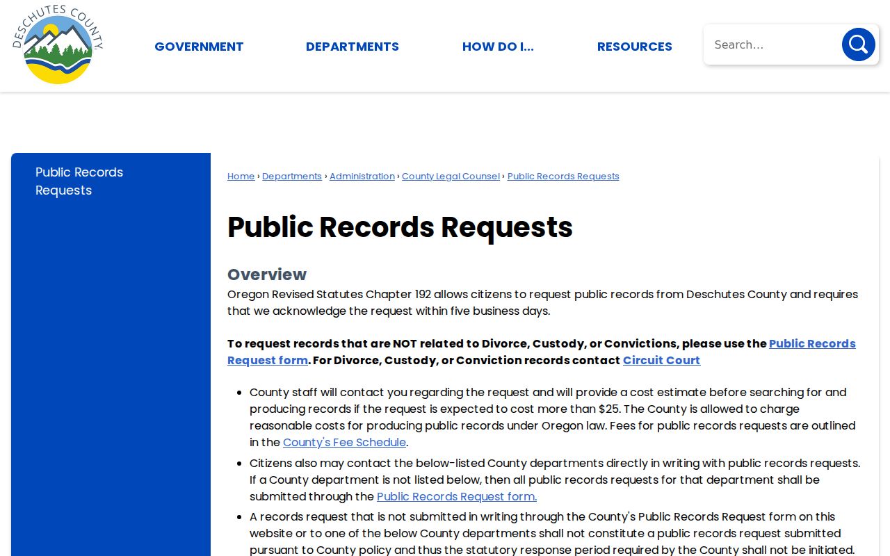 Deschutes County public-records request procedure page