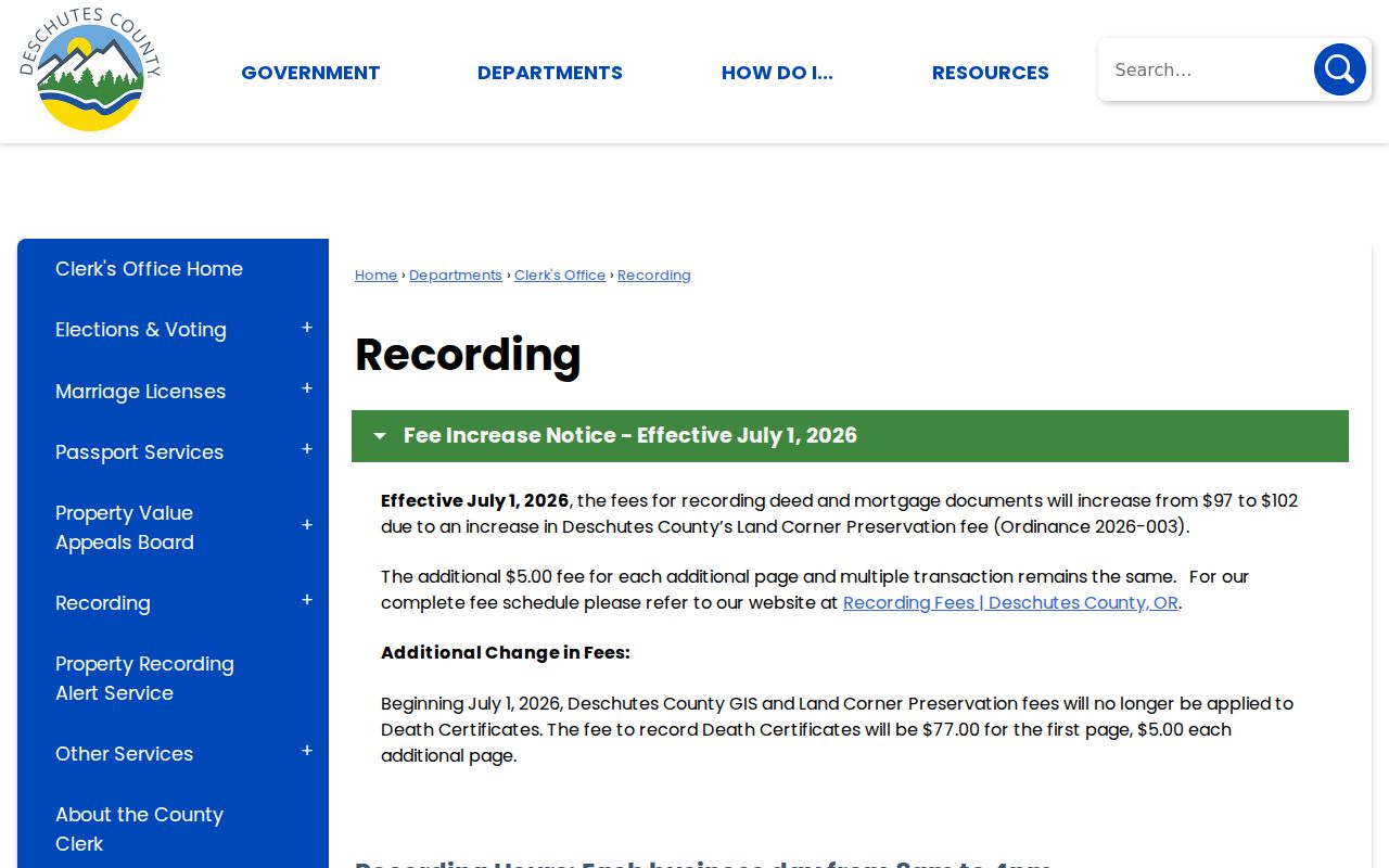 Redmond past residents Deschutes County recording coverage screen