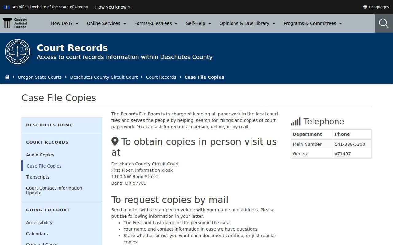Deschutes Circuit Court case-file copy instructions