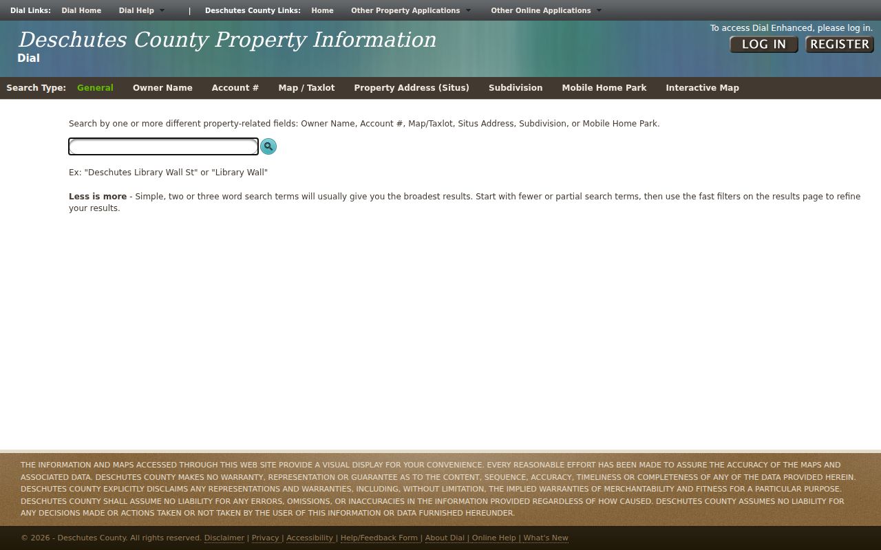 Deschutes County DIAL search modes for Redmond parcel research