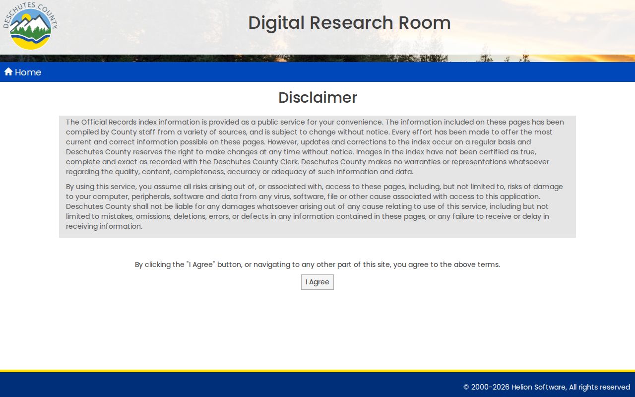 Redmond past residents Digital Research Room disclaimer entry screen