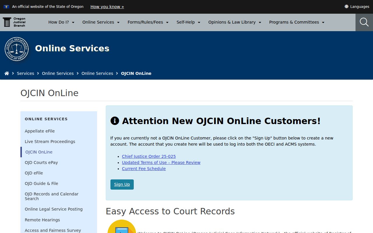 OJCIN Online access screen for Oregon court records