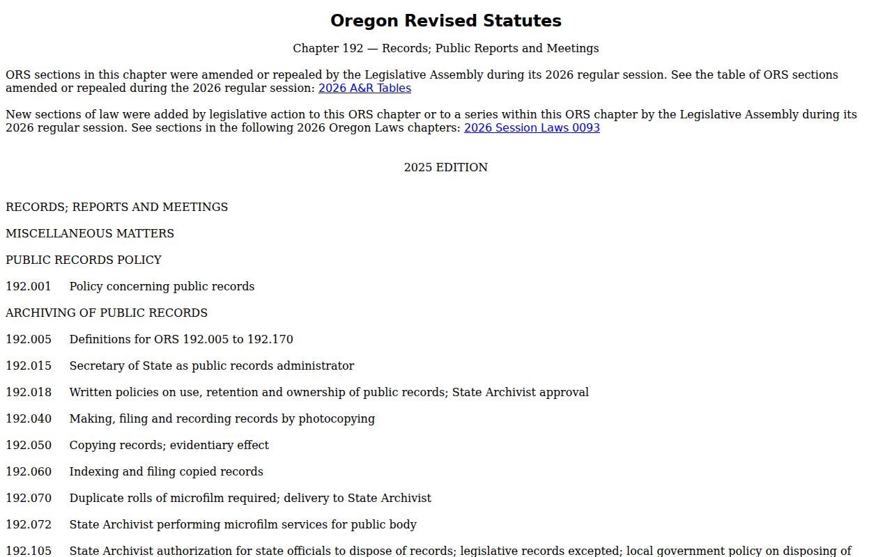 Oregon Public Records Law page used for Redmond request rules