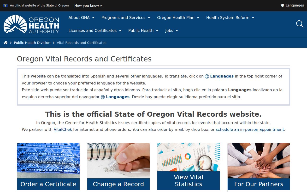 Oregon Health Authority Vital Records page for certificate access