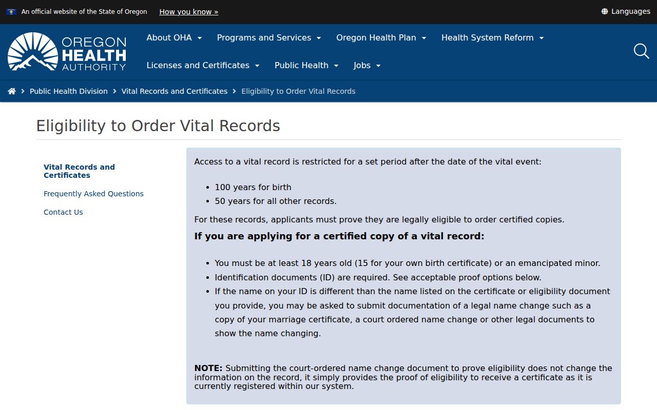 Oregon Vital Records eligibility information for restricted certificates