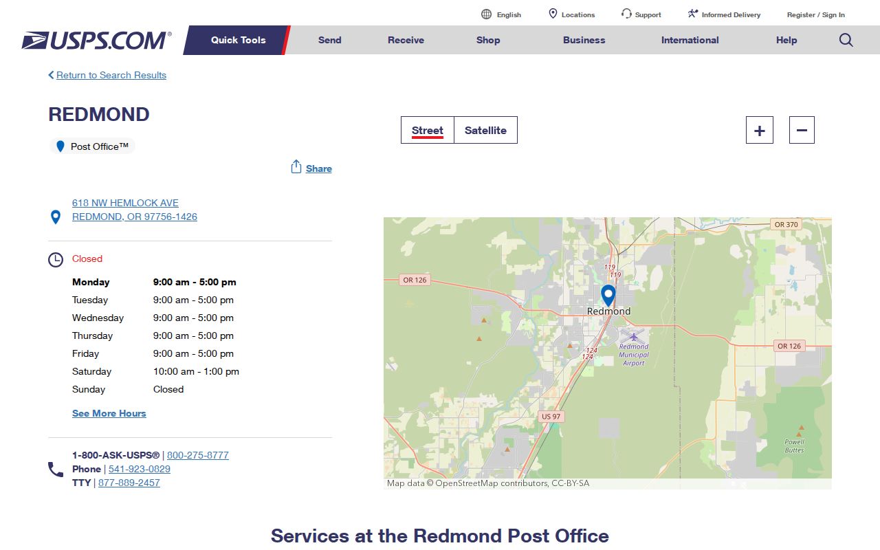 Redmond ZIP code verification through the USPS Redmond Post Office listing