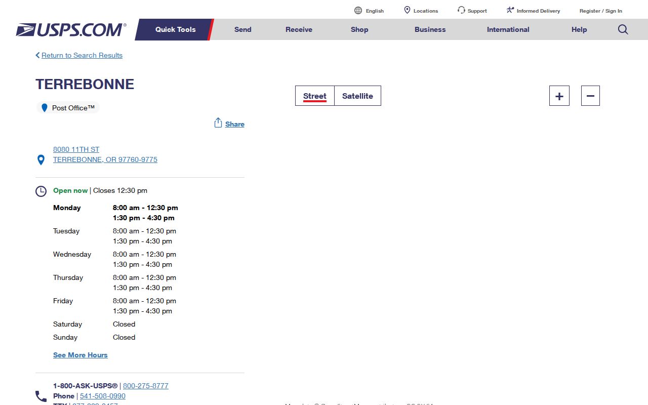 Redmond ZIP code nearby-label check through the USPS Terrebonne Post Office listing